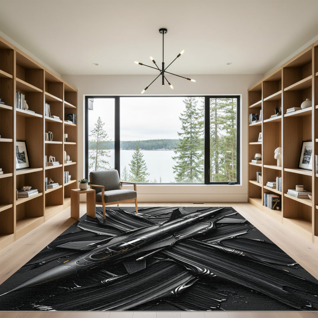 Bold Matte Black Jet Artistic Statement Rug