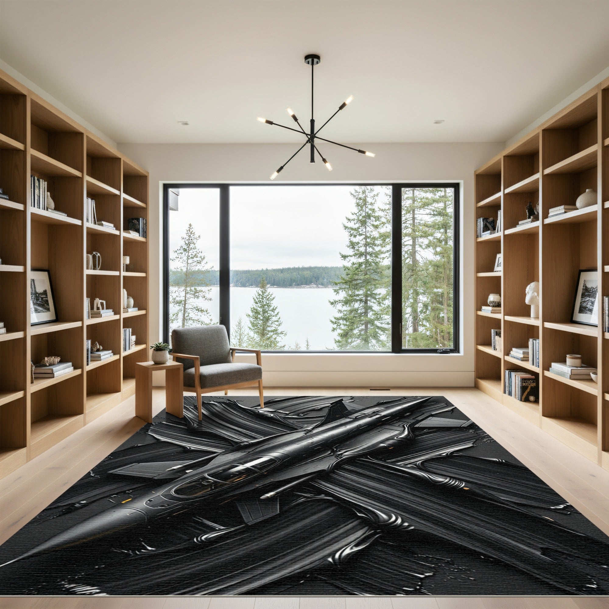 Bold Matte Black Jet Artistic Statement Rug