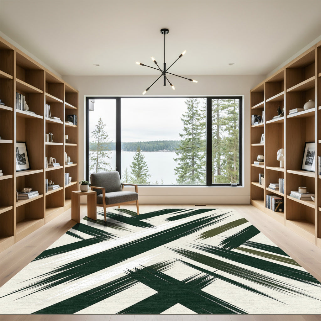 Dark Green White Brush Stroke Rug