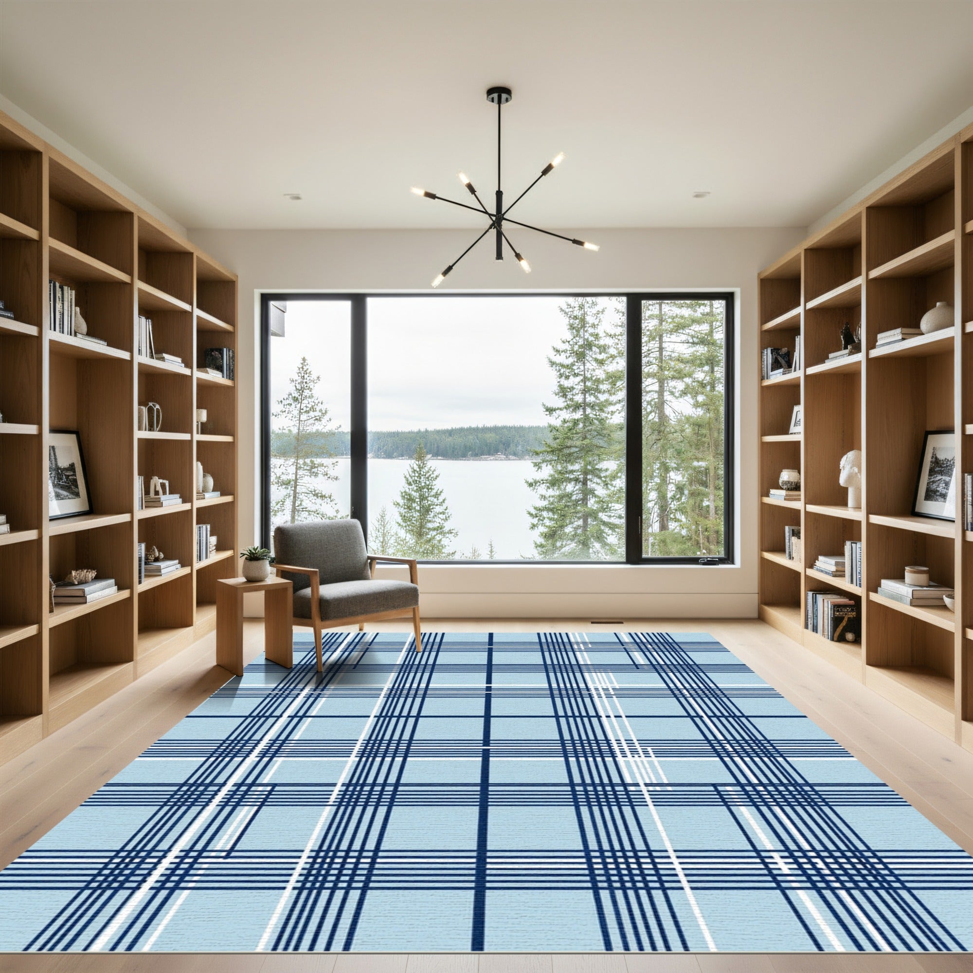 Light Blue Navy Grid Plaid Rug
