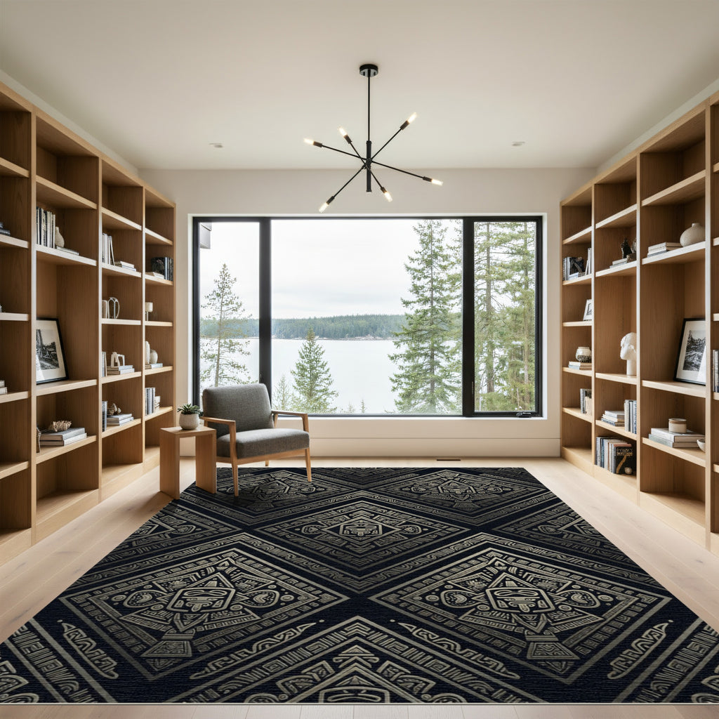 Metallic Gold Aztec Diamond Geometric Art Rug