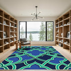 Geometric Teal Blue Quatrefoil Lattice Rug