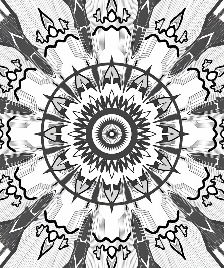 Black White Radial Geometric Design Rug