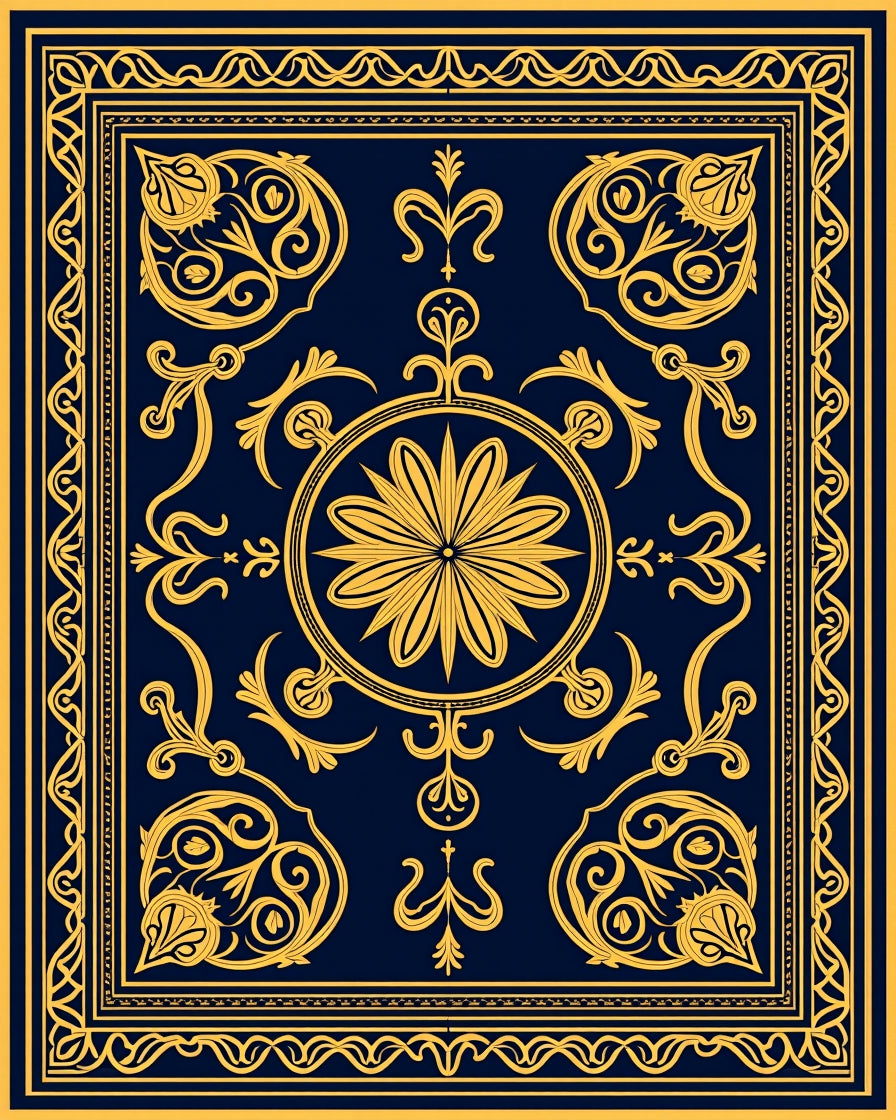 Navy and Gold Ornate Floral Medallion Rug