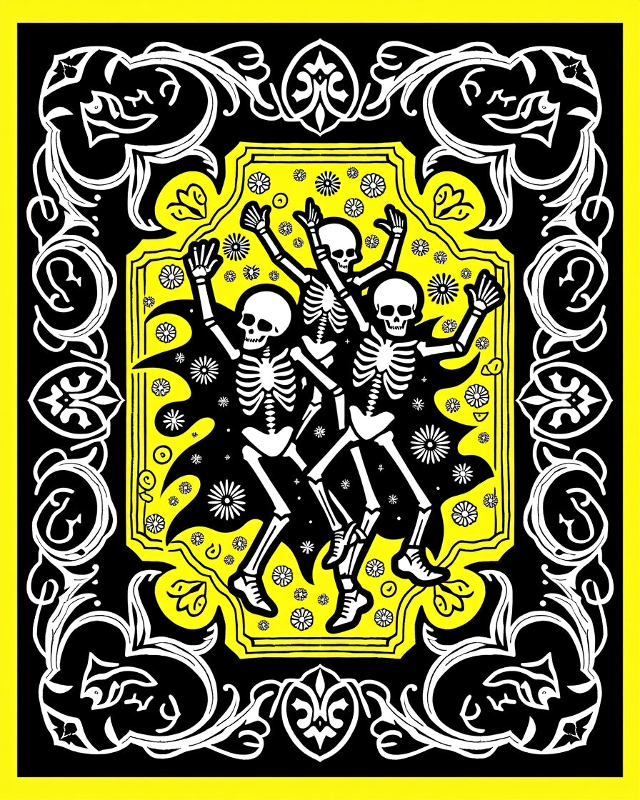 Dancing Skeletons Yellow Floral Pattern Rug