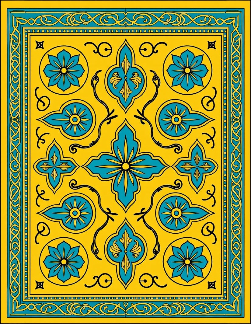 Ornate Yellow Teal Floral Pattern Rug