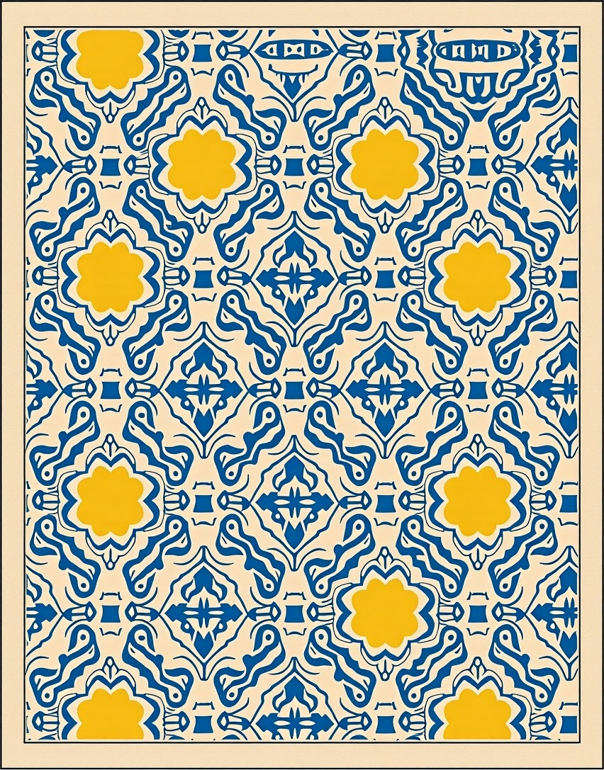 Blue Yellow Floral Medallion Geometric Design Rug