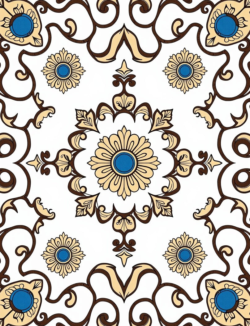 Elegant Gold Blue Floral Scroll Rug