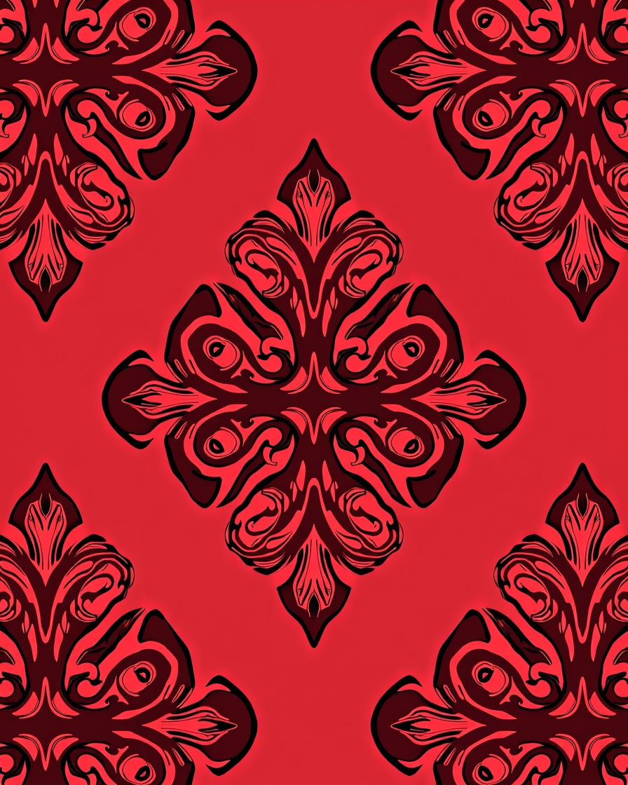 Ornate Red Black Damask Pattern Rug