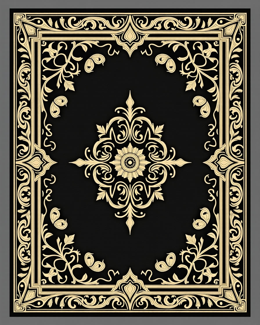 Ornate Floral Medallion Black Gold Rug