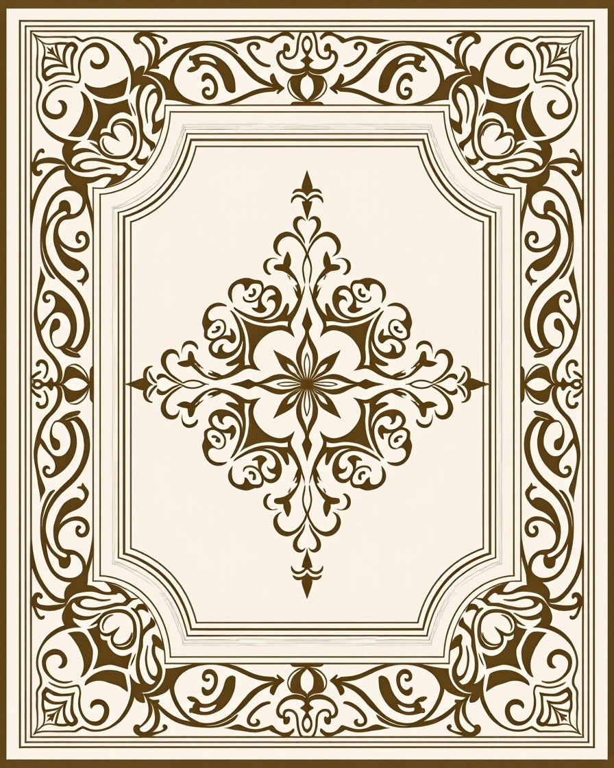 Ornate Brown Cream Scroll Medallion Rug