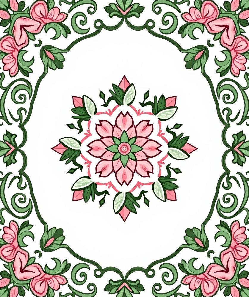 Pink Floral Swirl Frame Design Rug