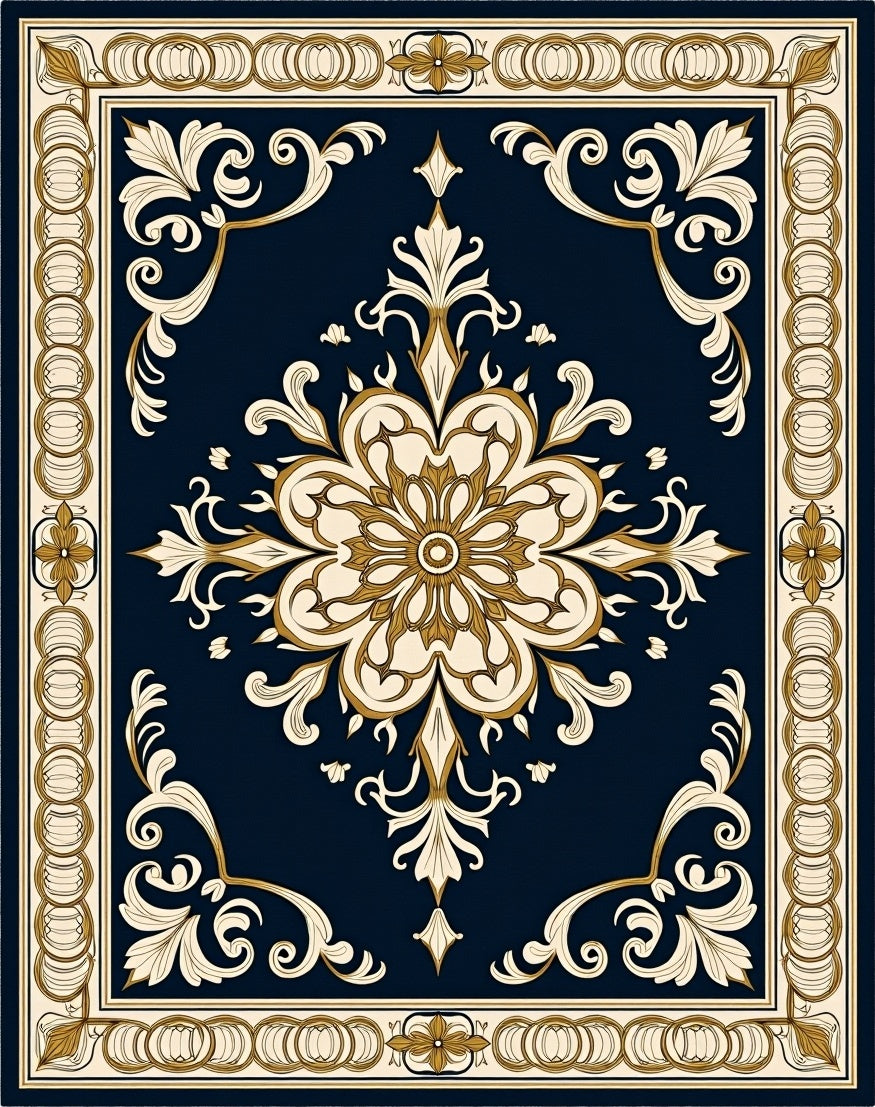 Deep Blue Gold Floral Medallion Design Rug