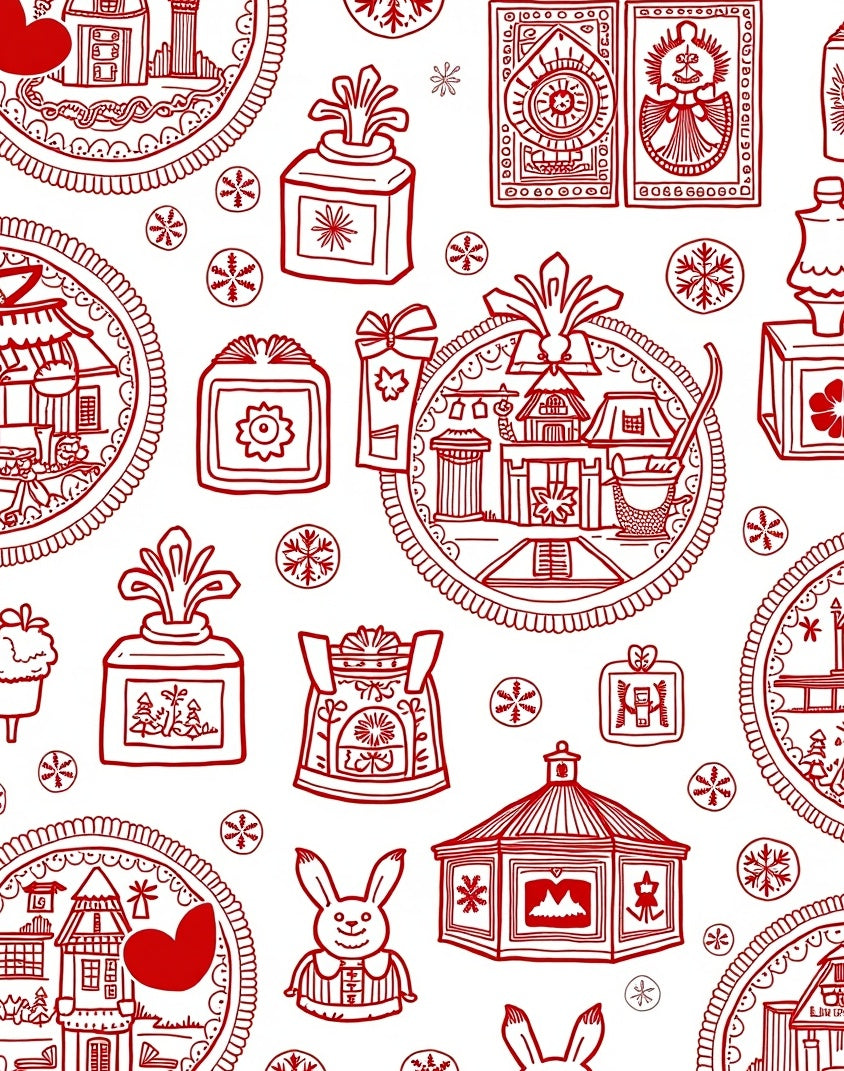 Red Whimsical Village Houses Snowflakes Rug