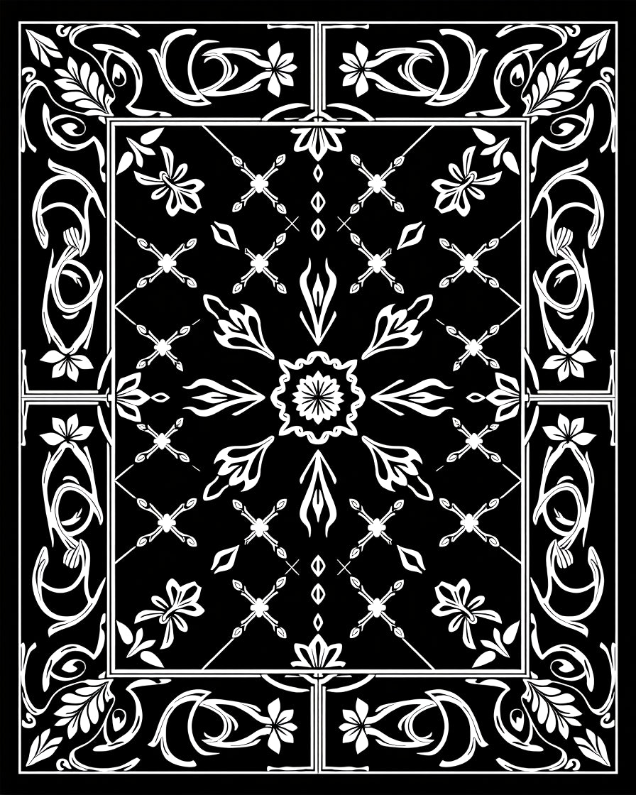 Black White Floral Damask Pattern Rug