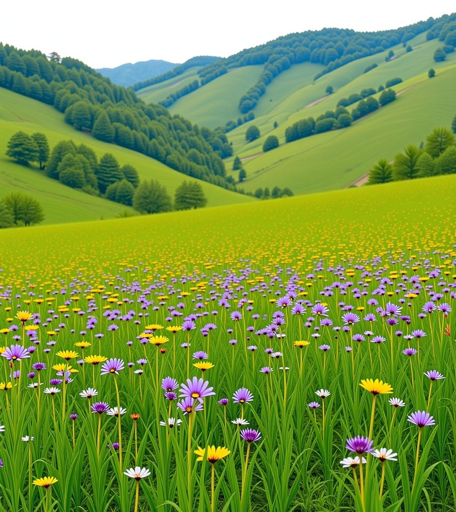 Vibrant Floral Meadow With Rolling Hills Rug