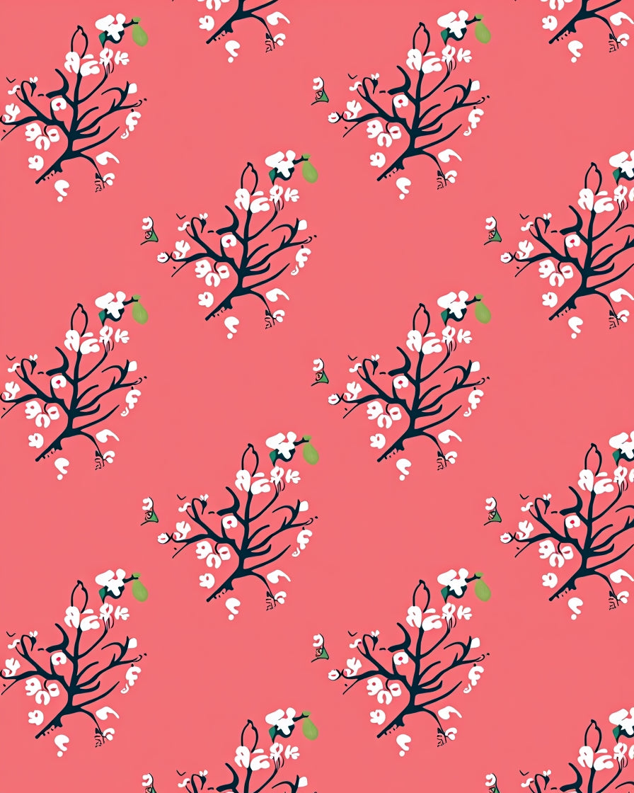 Pink Whimsical Blossom Branch Pattern Rug