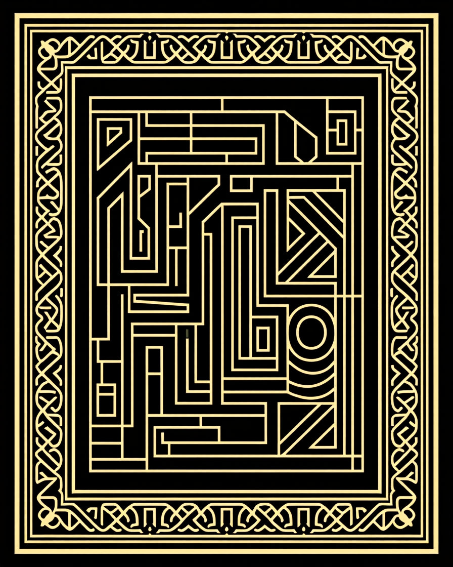 Intricate Gold Linear Maze Pattern Rug