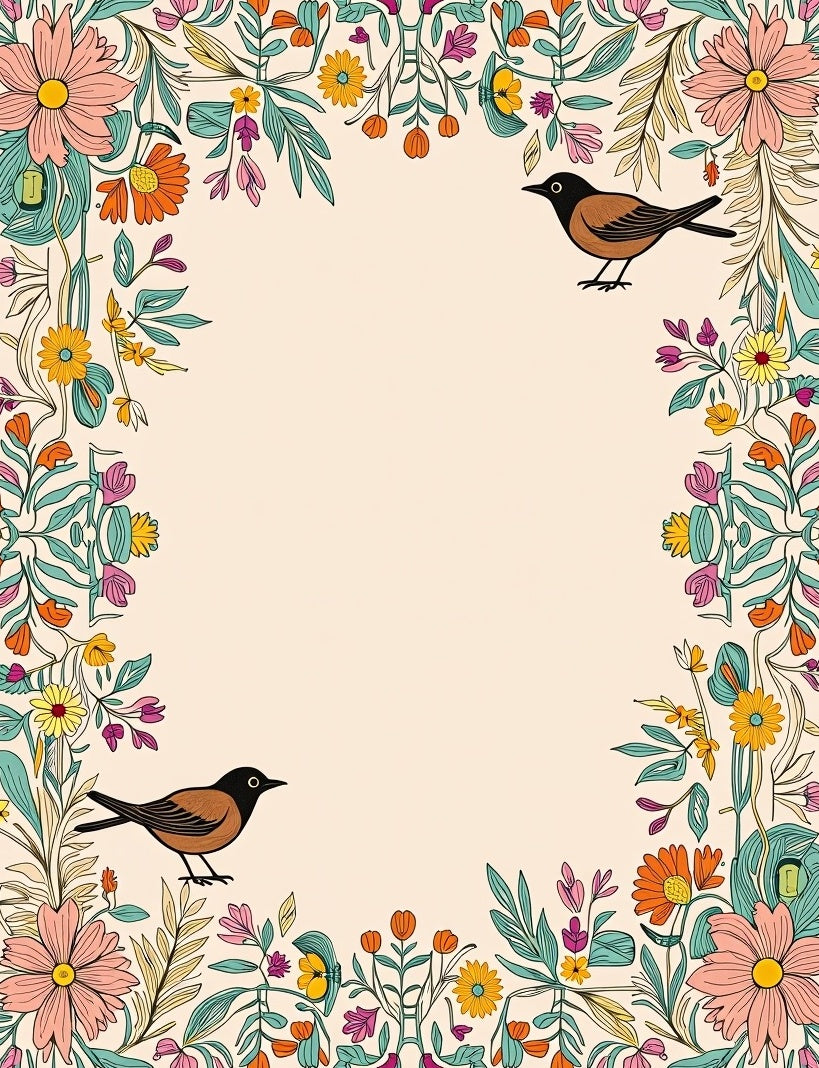 Whimsical Floral Birds Design Frame Rug