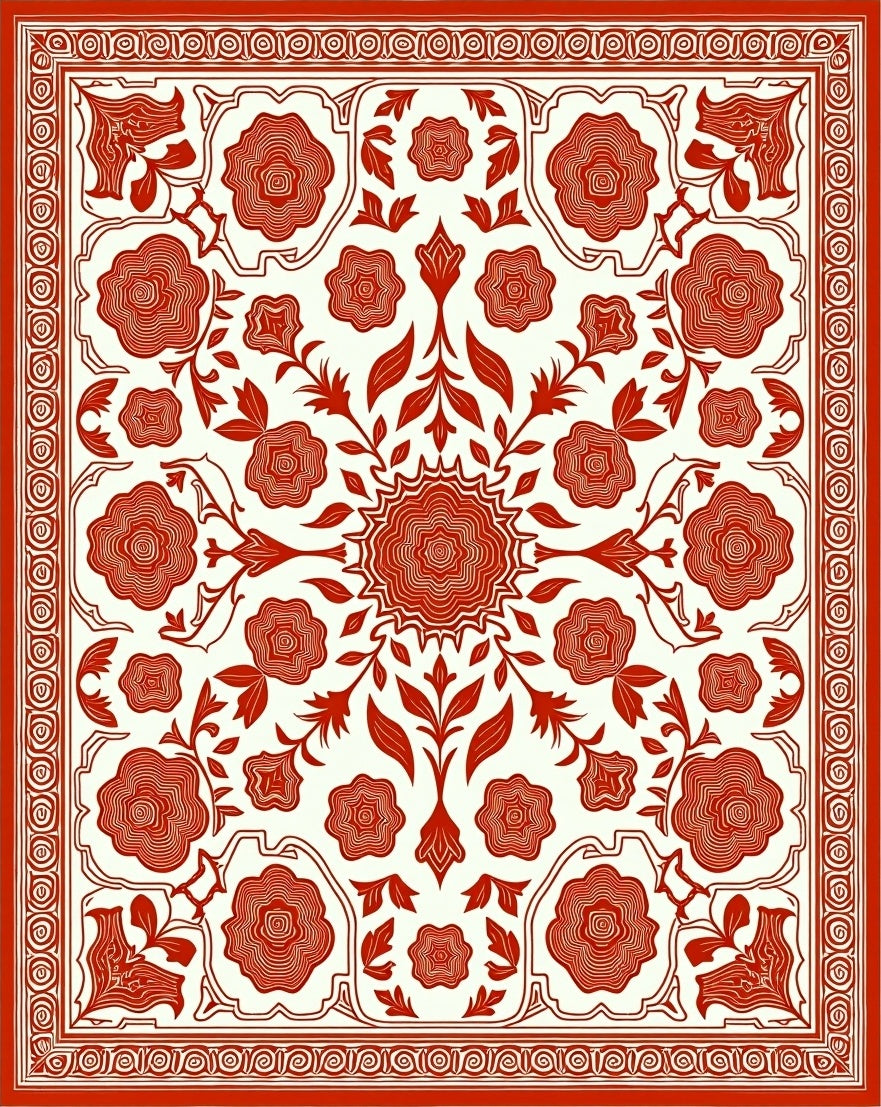 Vibrant Red Floral Medallion Border Rug