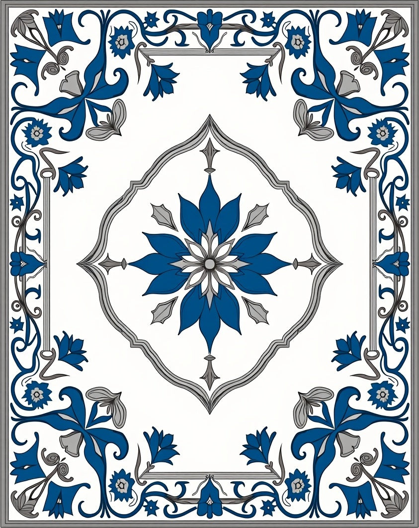 Elegant Blue Floral Scrollwork Design Rug