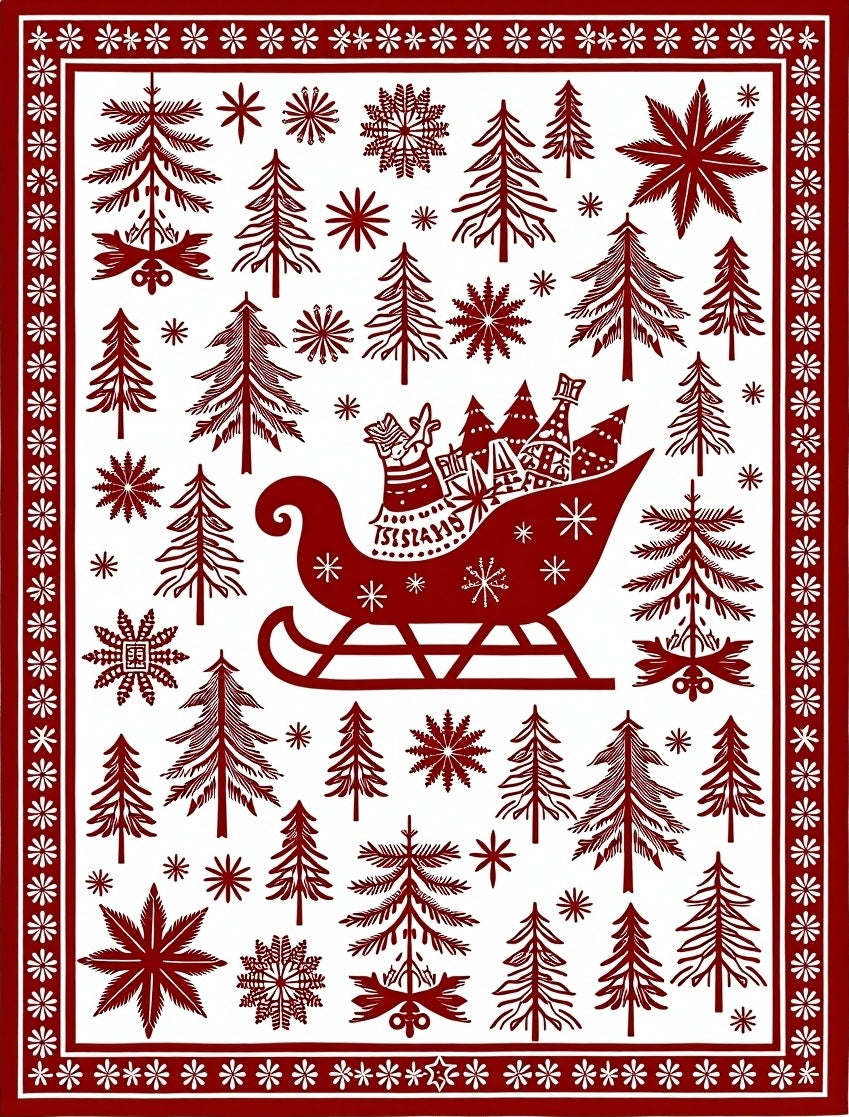 Crimson Sleigh Fir Tree Snowfall Border Rug