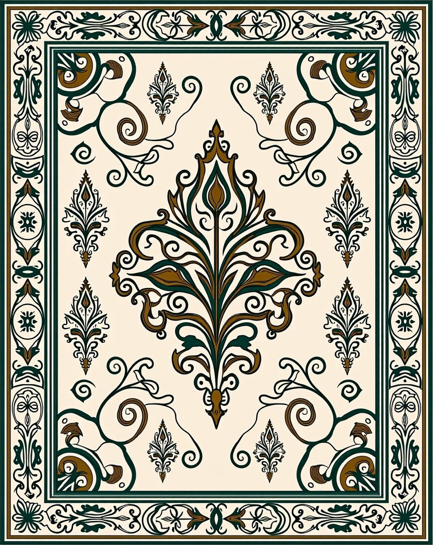 Ornate Floral Scrollwork Border Design Rug