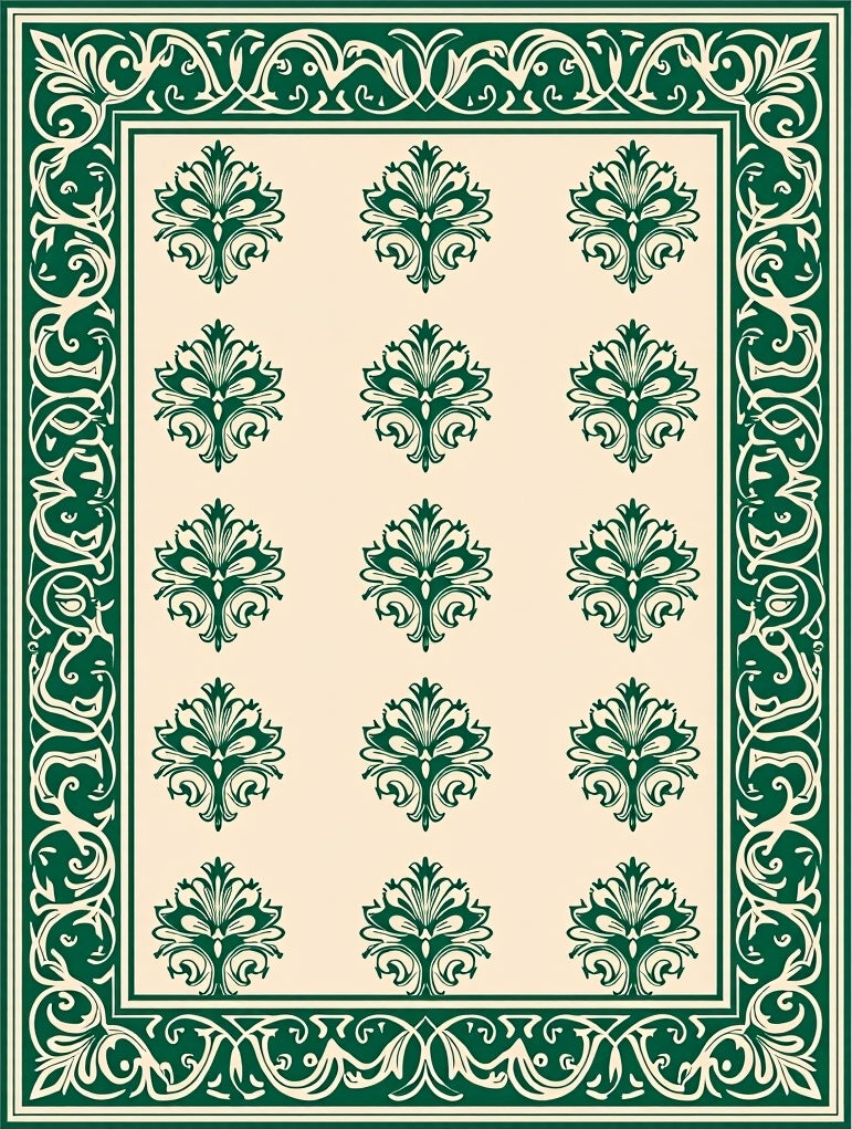 Elegant Green Floral Damask Style Rug