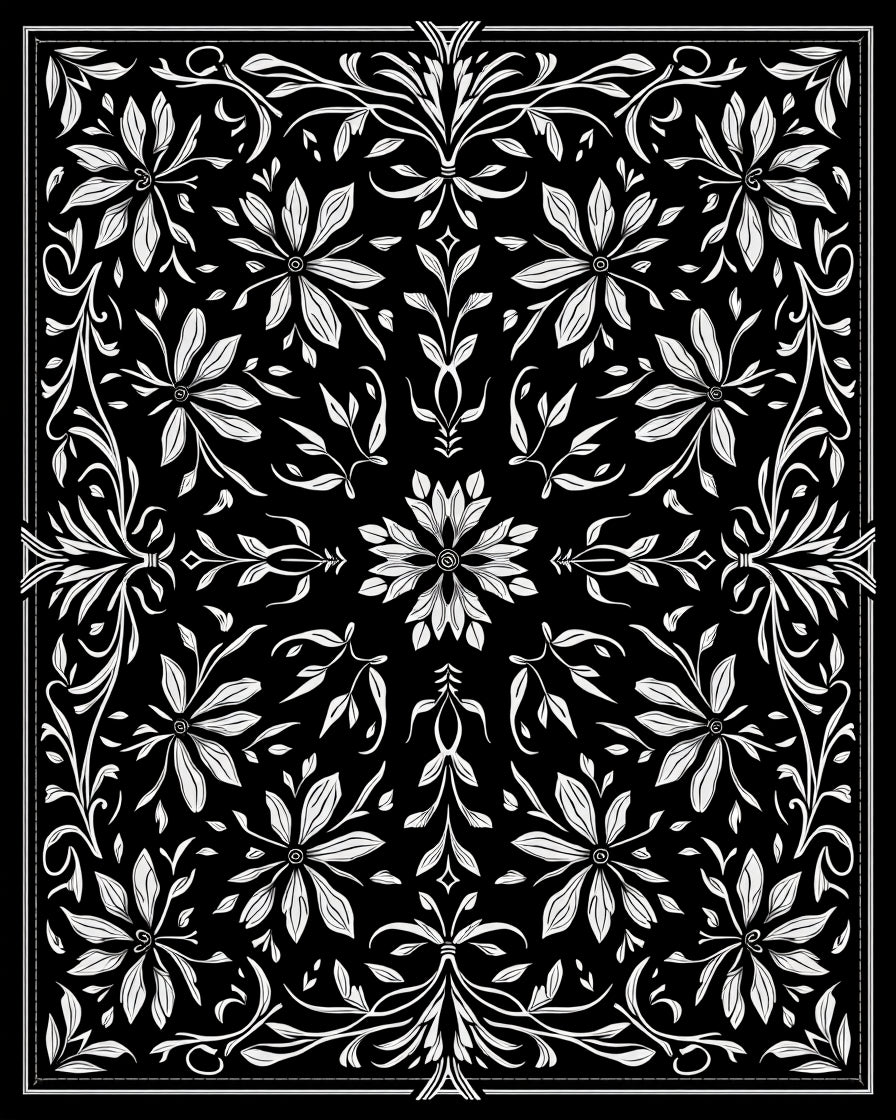 Ornate Black White Floral Scrollwork Rug