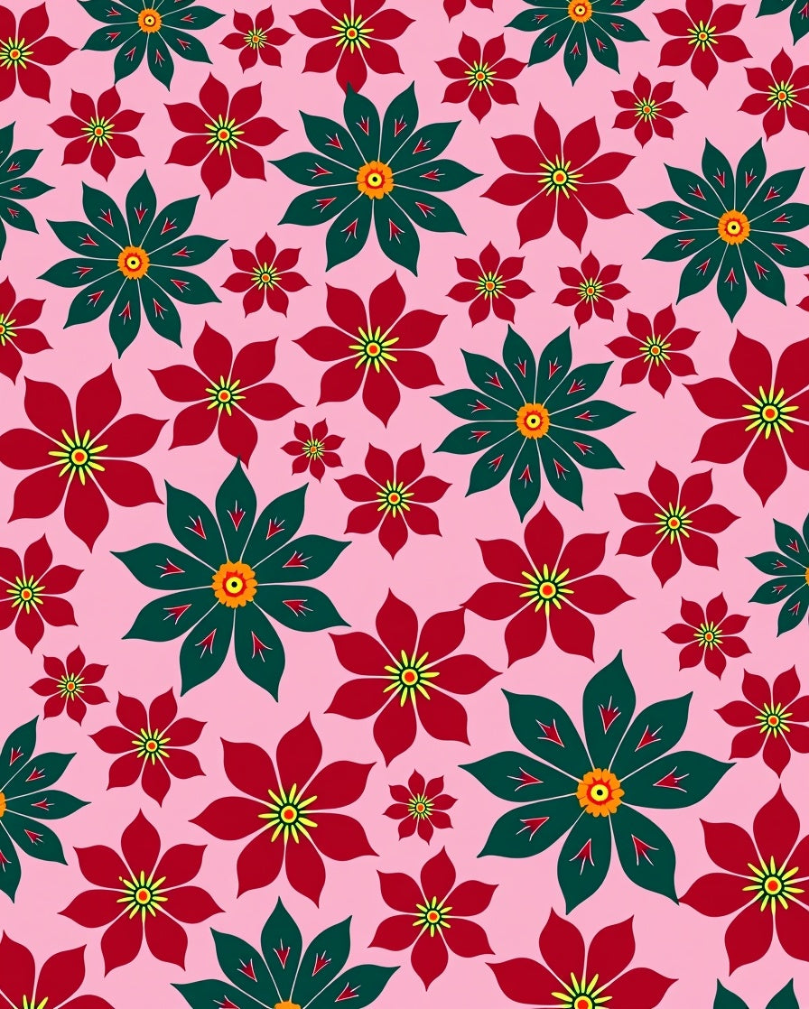 Red Green Floral Print Rug