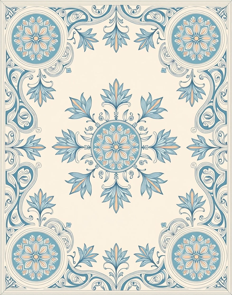Ornate Blue Cream Floral Art Nouveau Rug