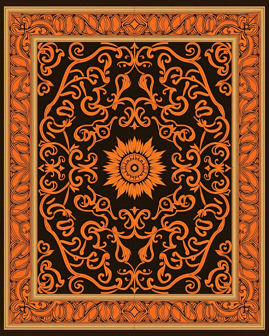 Orange Floral Scrollwork with Sunburst Rug