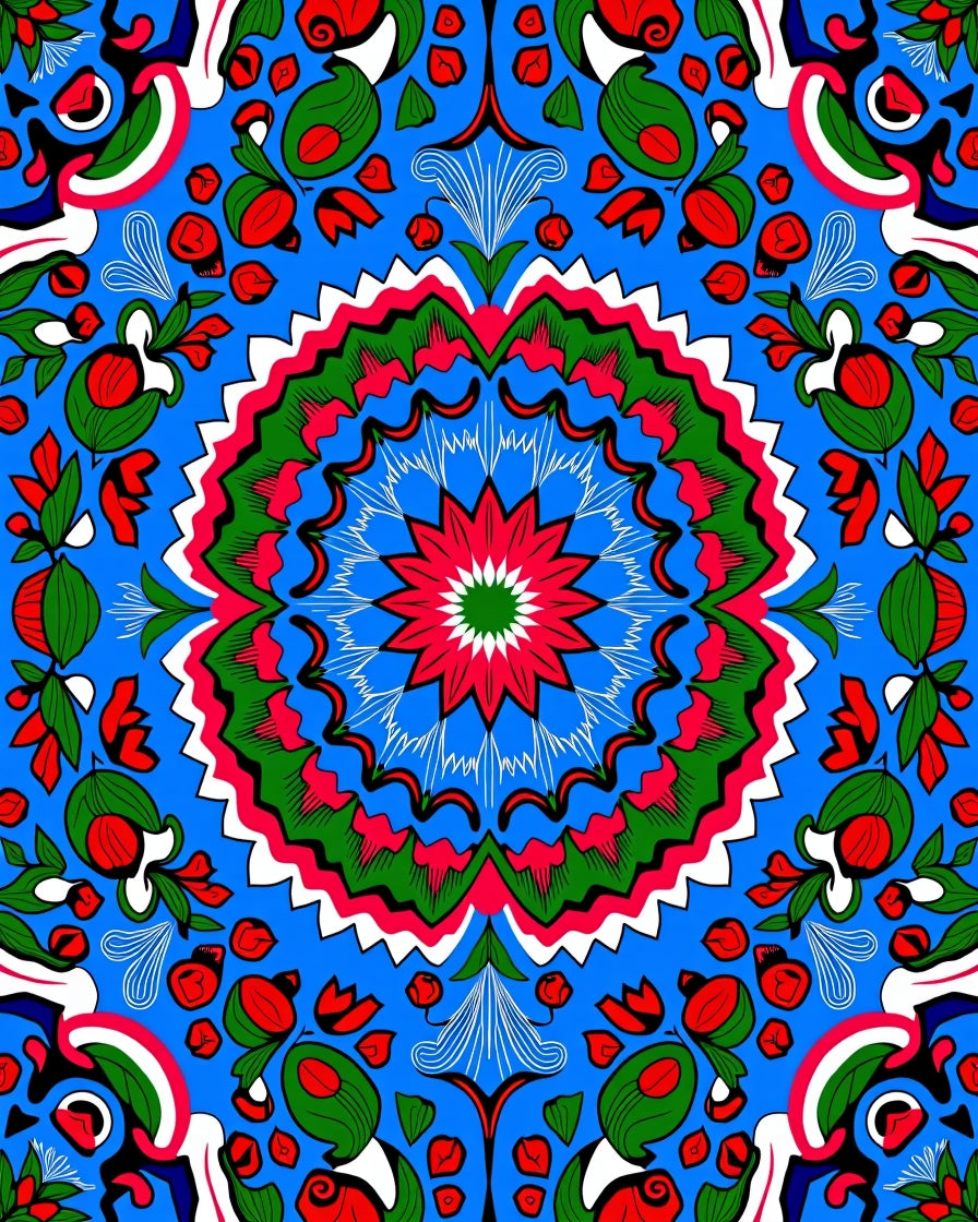 Vibrant Red Green Blue Floral Mandala Rug