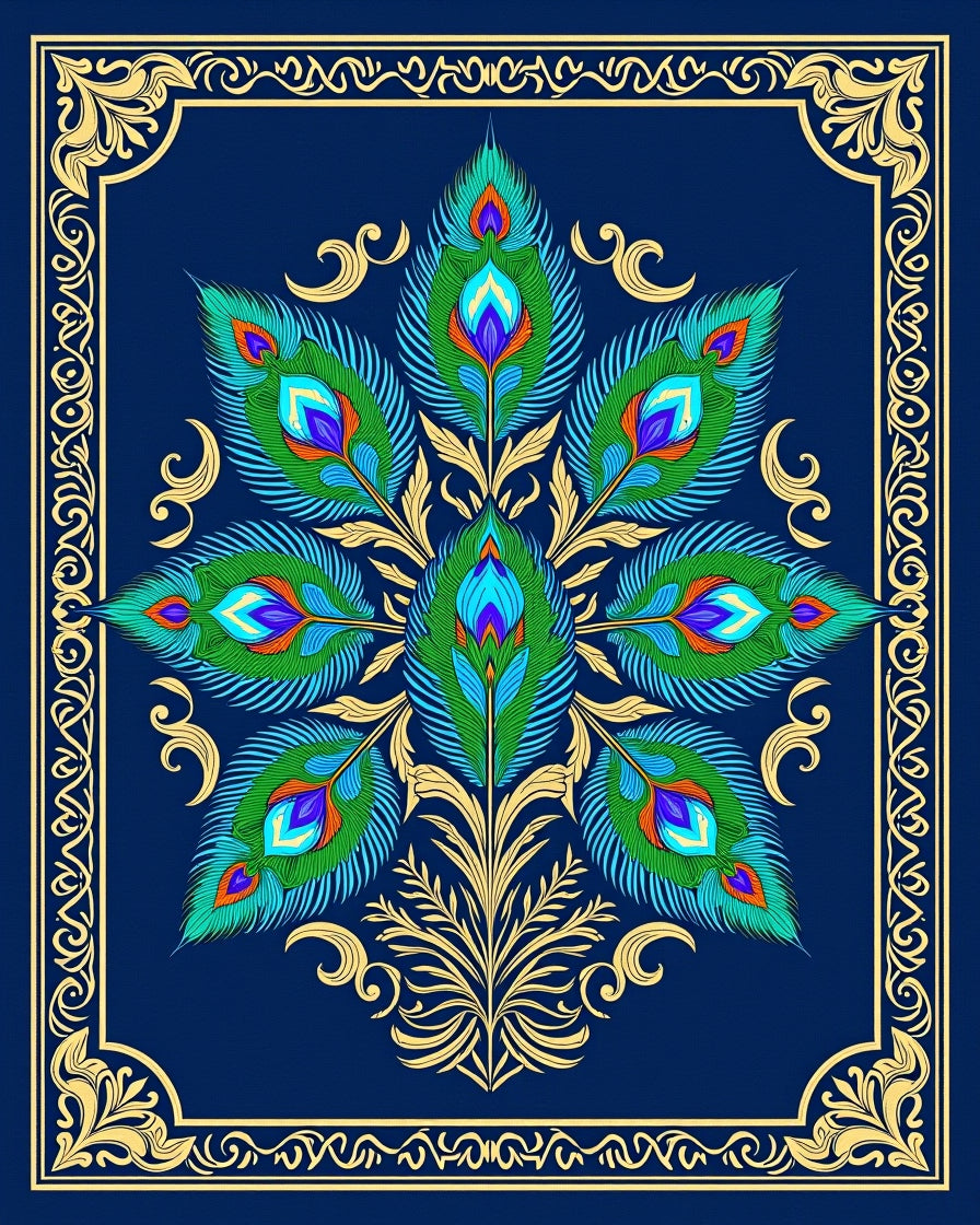 Ornate Peacock Feather Mandala Design Rug