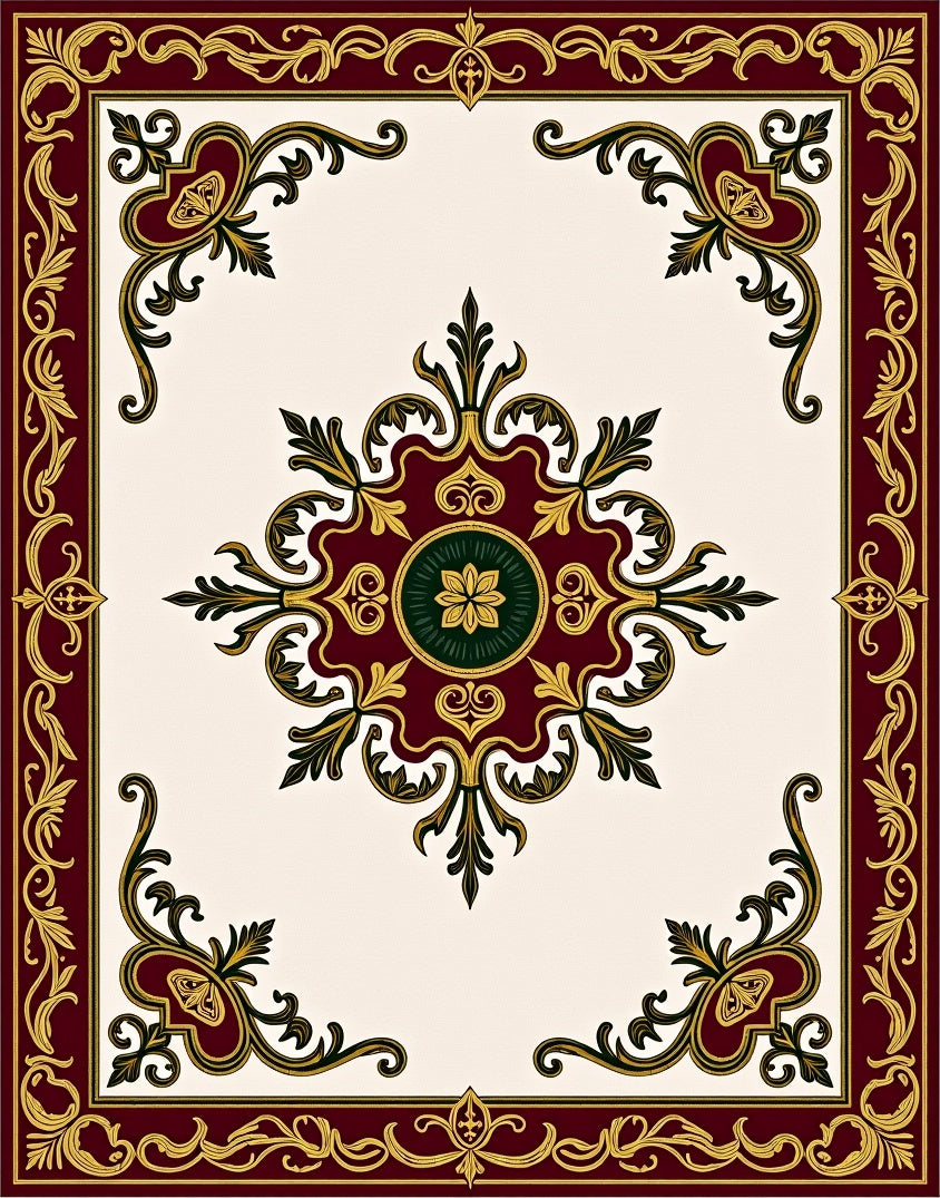 Ornate Gold Red Floral Centerpiece Rug