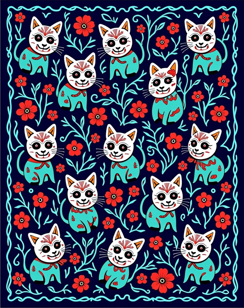 Cute Cat Floral Pattern Rug