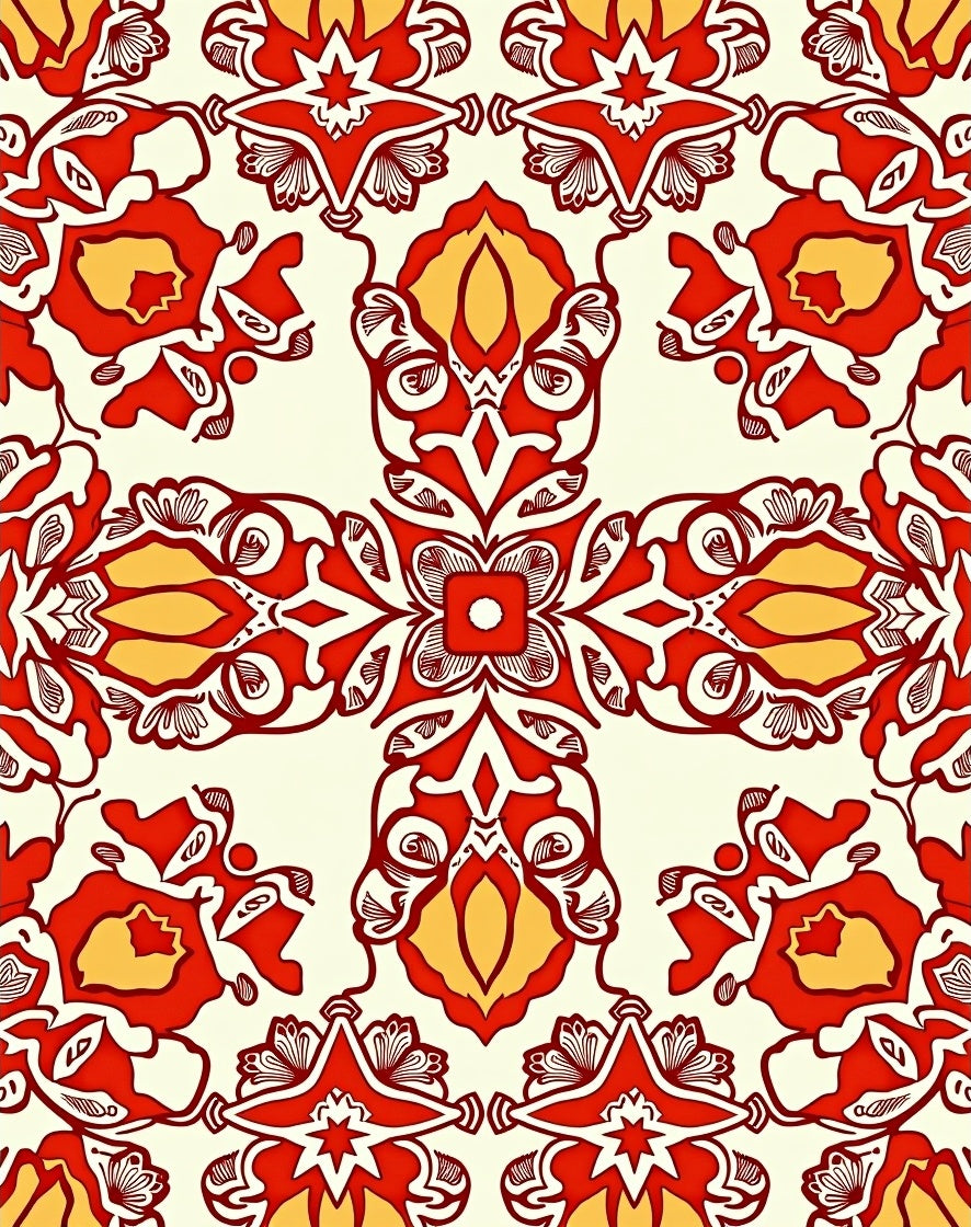 Red Yellow Floral Medallion Pattern Rug