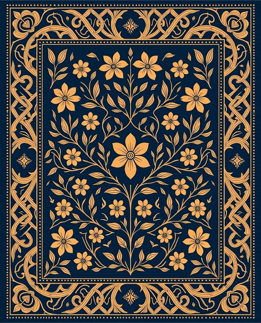 Ornate Floral Vines Dark Blue Rug