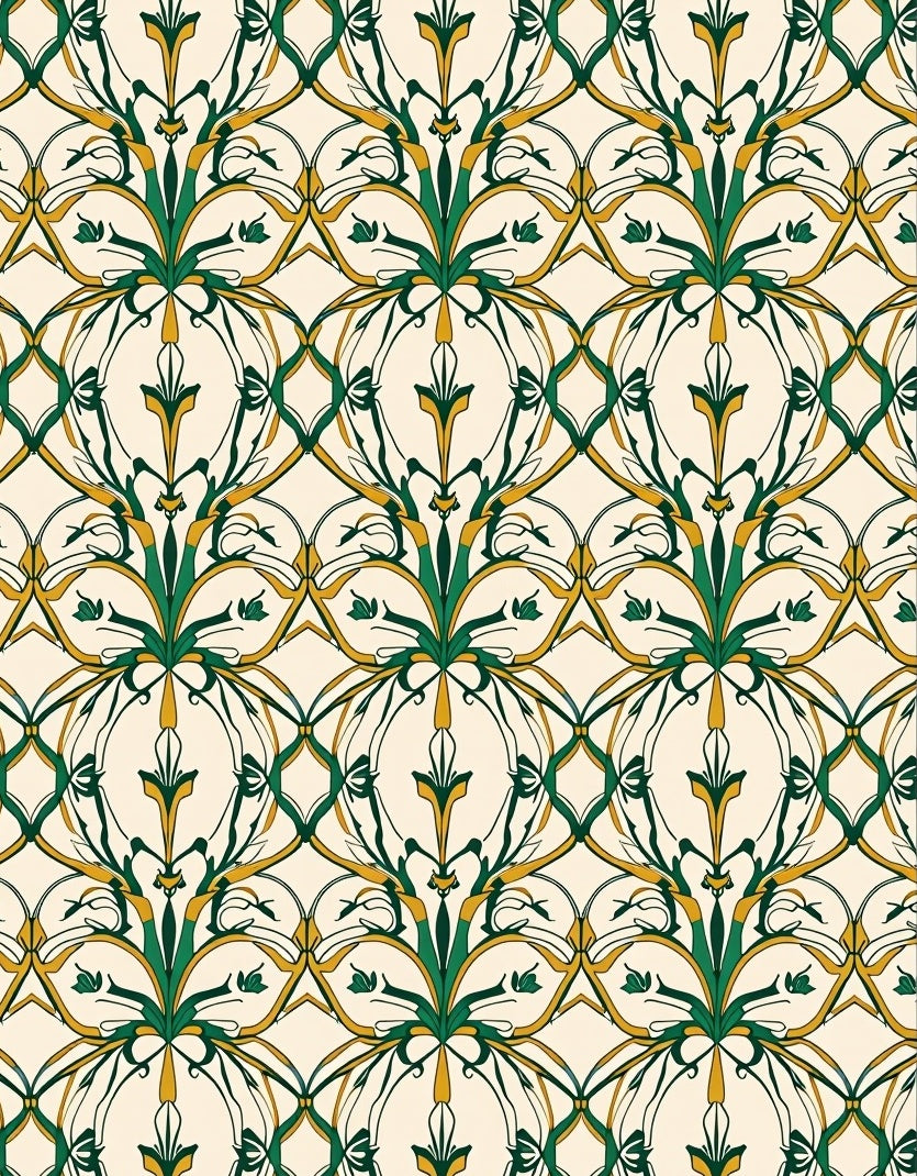 Art Nouveau Green Gold Floral Pattern Rug