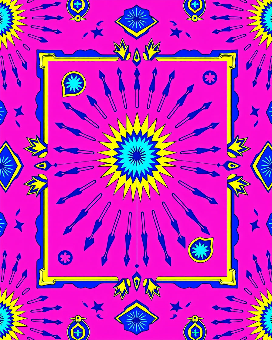 Vibrant Pink Blue Geometric Sunburst Rug