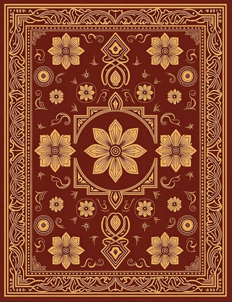 Rich Crimson Gold Floral Pattern Rug