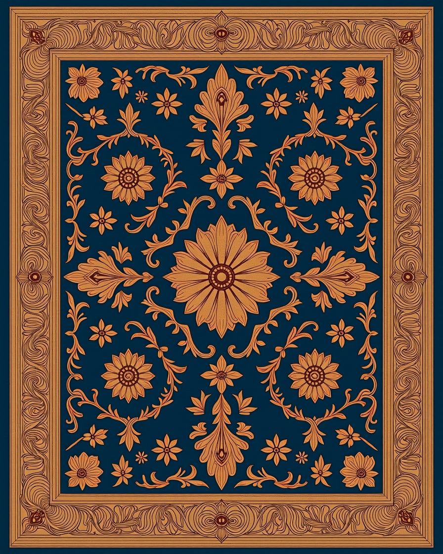 Intricate Golden Floral Border Rug
