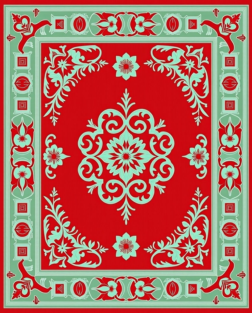 Red Teal Ornate Floral Motif Rug