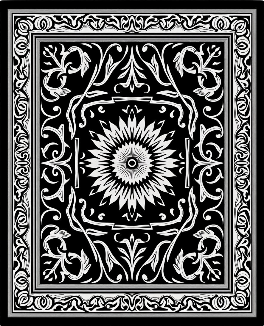 Ornate Floral Sunburst Black White Rug