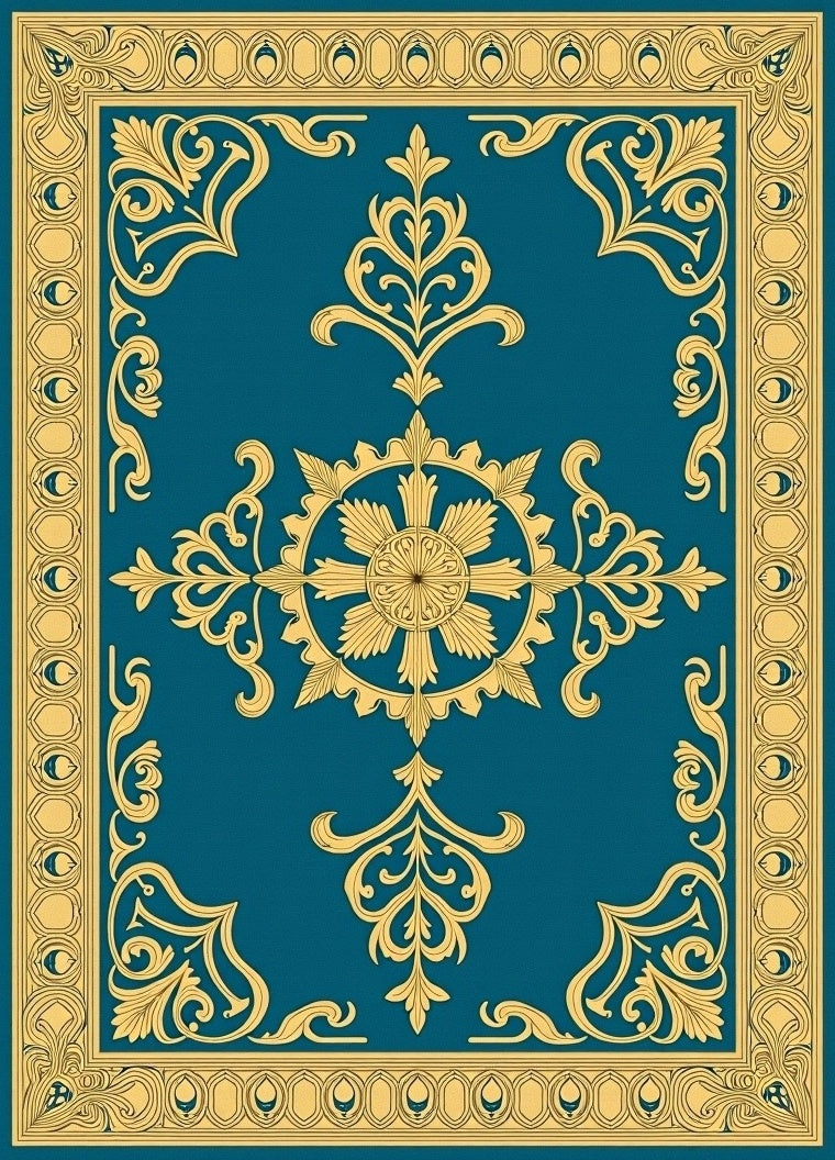 Ornate Golden Teal Scrollwork Rug