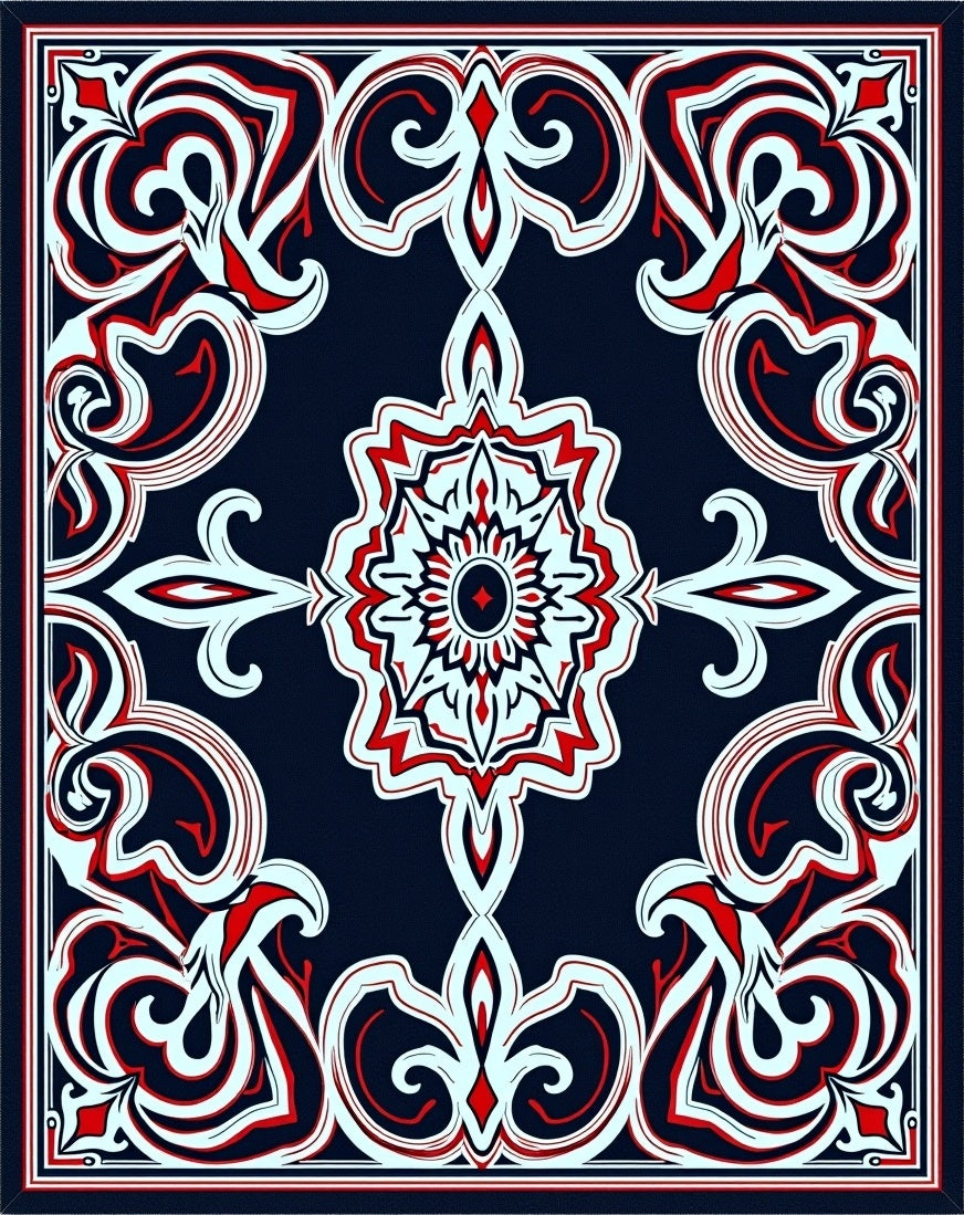 Ornate Red White Blue Floral Pattern Rug
