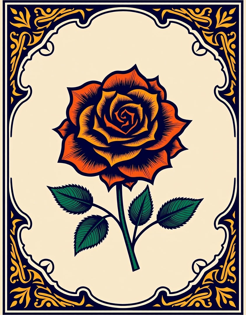 Bold Orange Rose Floral Border Design Rug
