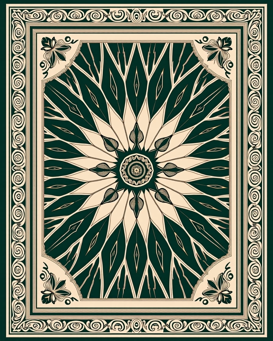 Dark Green Cream Floral Mandala Pattern Rug