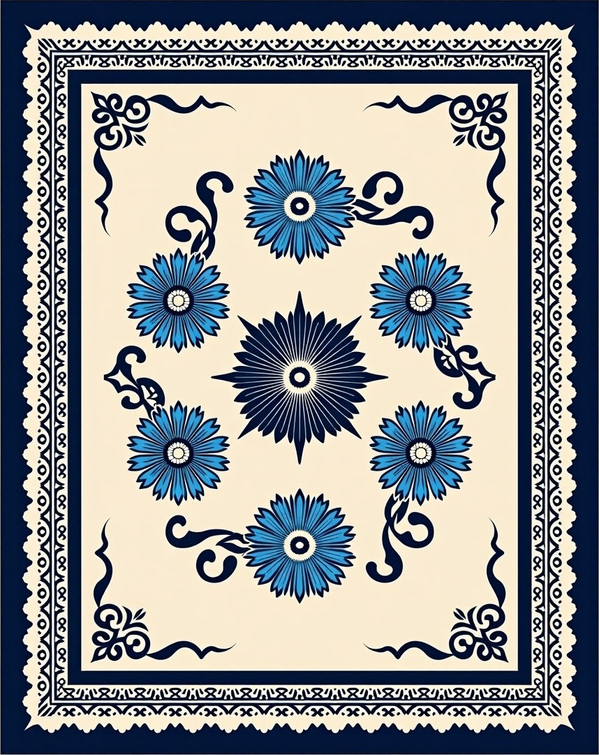 Blue Floral Medallion Cream Rug