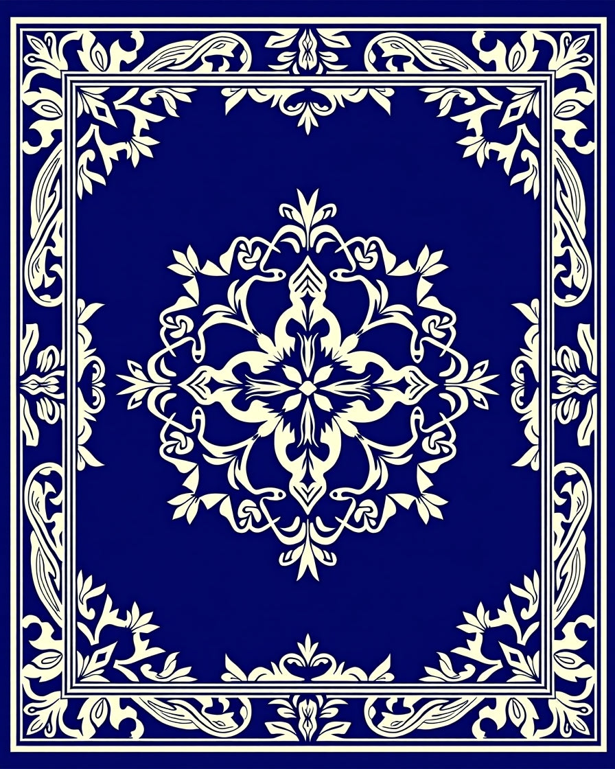 Navy Cream Elaborate Floral Design Rug